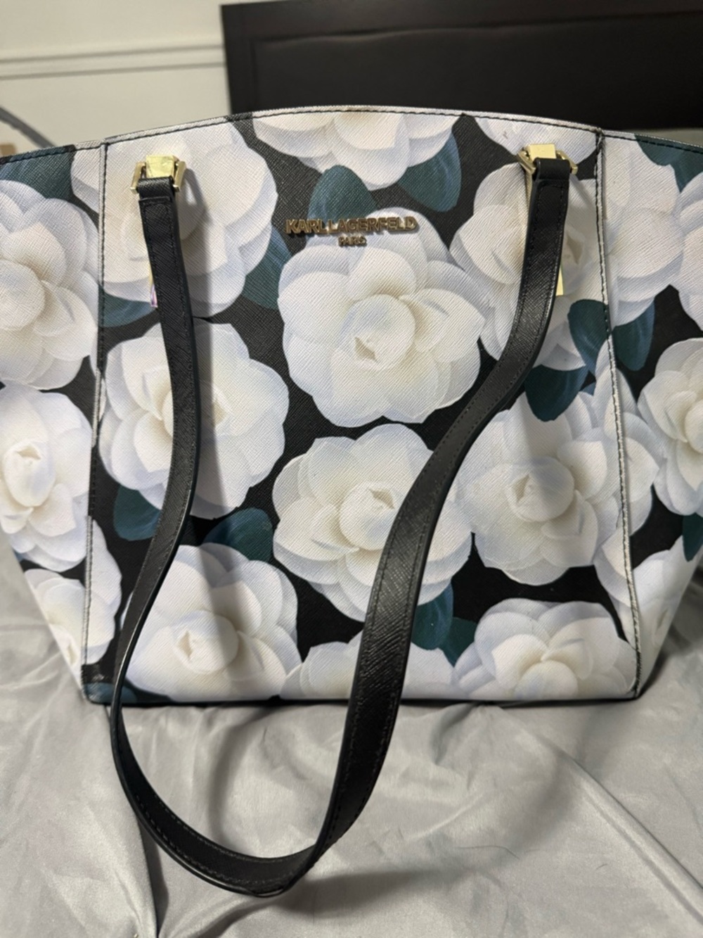 Karl Lagerfeld Black & White Floral Camellia Tote